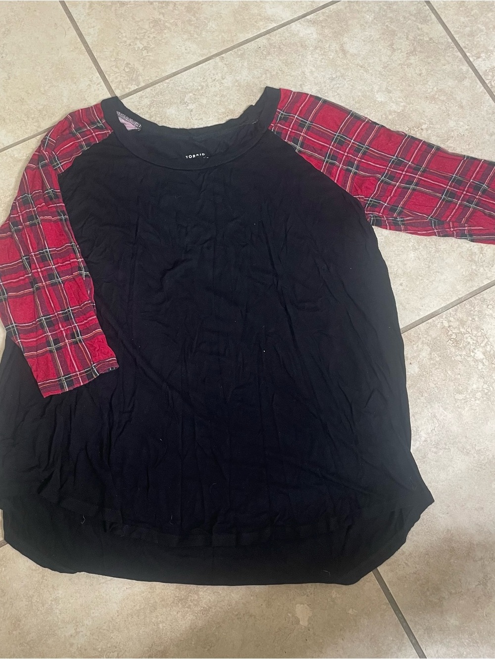torrid Black Tee with Red Plaid Raglan Sleeves